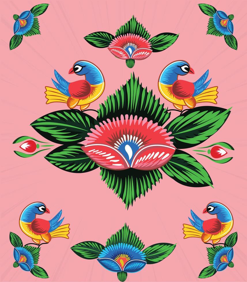 a colorful rickshaw painting, and a folk design with a bright background. Pakistani and Indian truck art vector