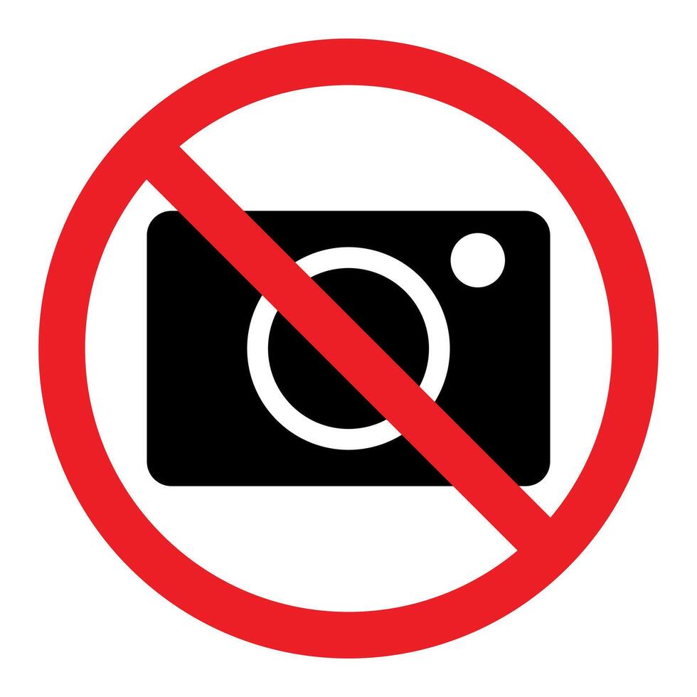 no photography sign, red crossed out circle symbol with camera illustration, isolated on white background vector