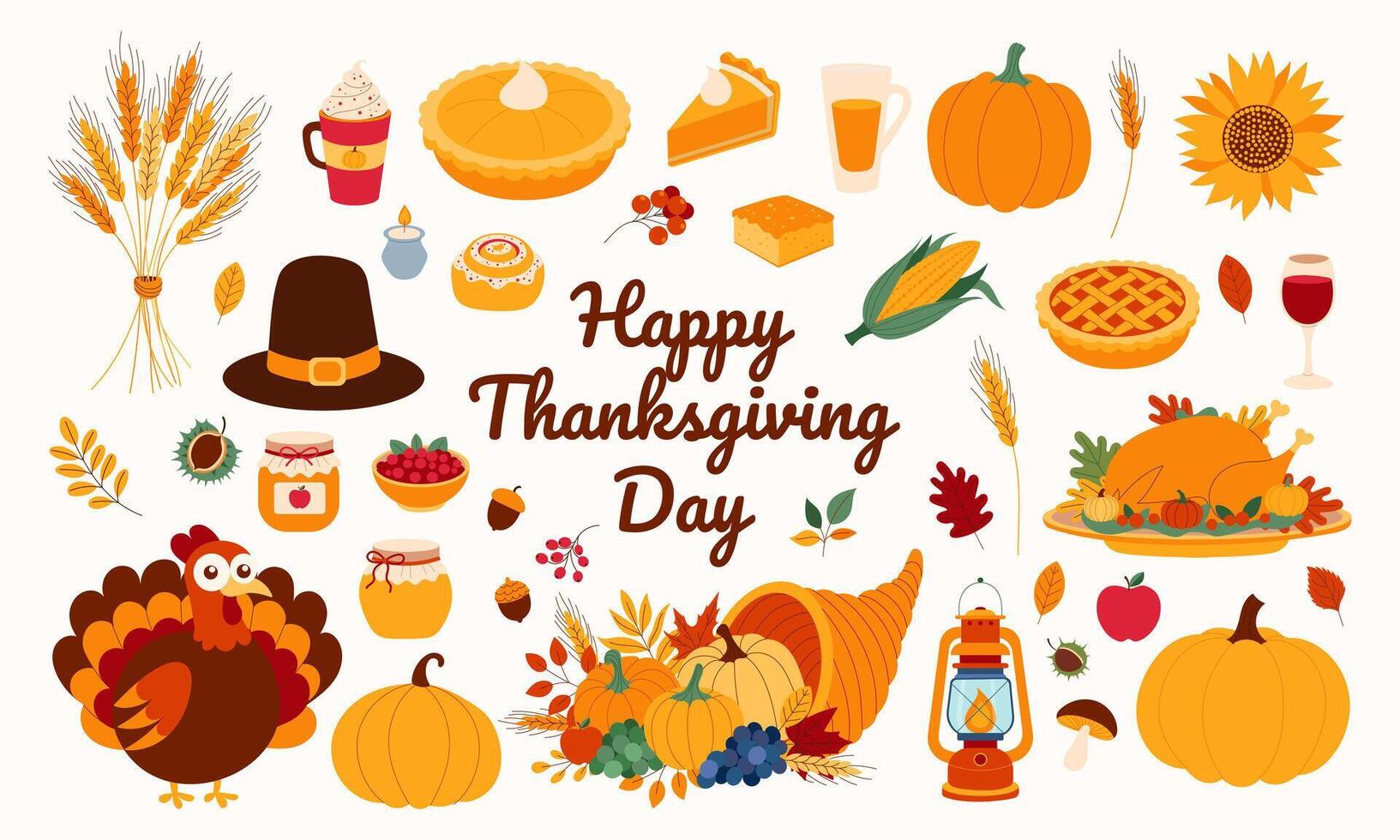 A colorful image of various Thanksgiving foods and decorations vector
