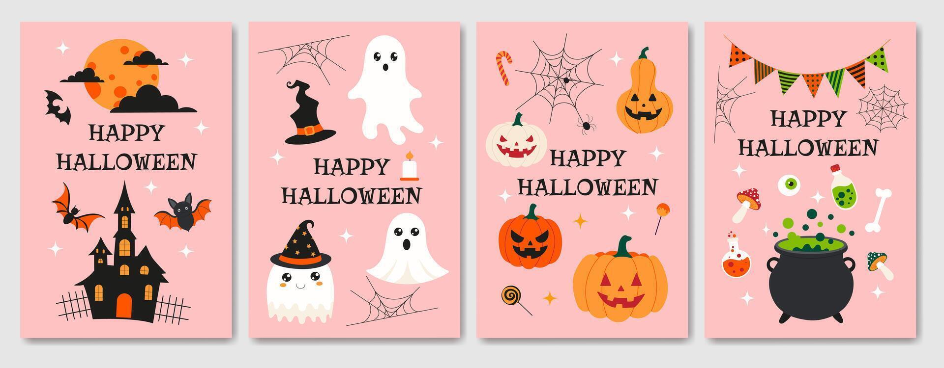 Four Halloween cards with different designs and colors vector
