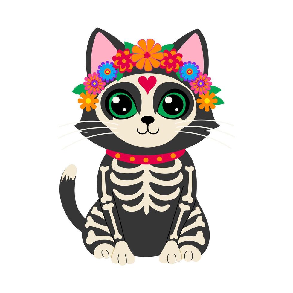 A skeleton cat with a flower crown on its head. The cat is wearing a skeleton costume and has a skeleton collar vector