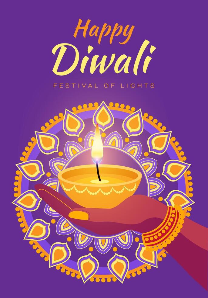 A hand holding a candle in a bowl with the words Happy Diwali Festival of Lights vector