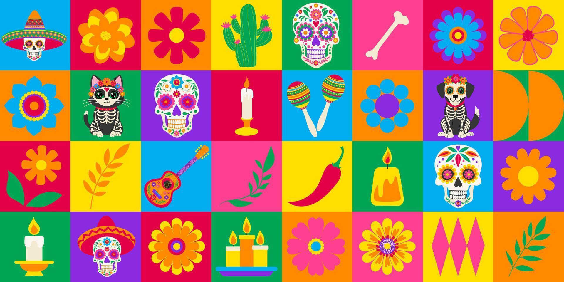 A colorful collage of various symbols and images, including skulls, flowers, and a guitar. Scene is festive and celebratory, likely representing a Mexican holiday or celebration vector