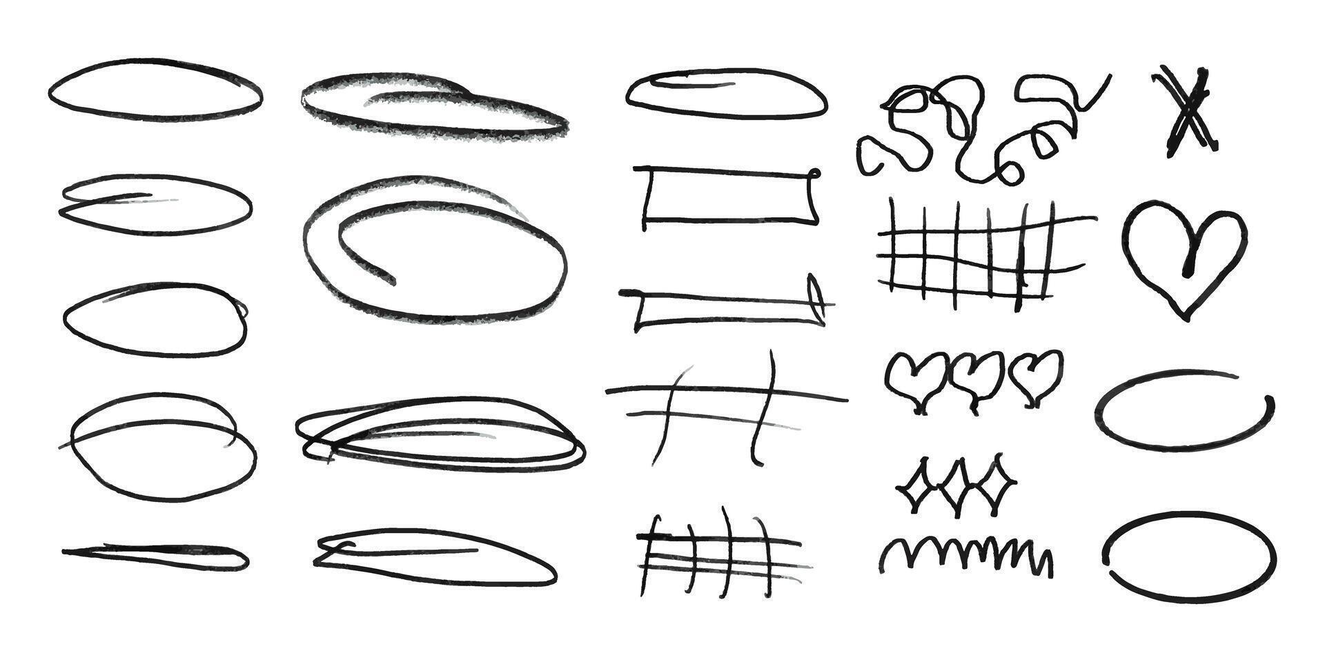 A collection of various shapes and lines, including a heart, a cross, and a star. The shapes and lines are all drawn in black and white vector