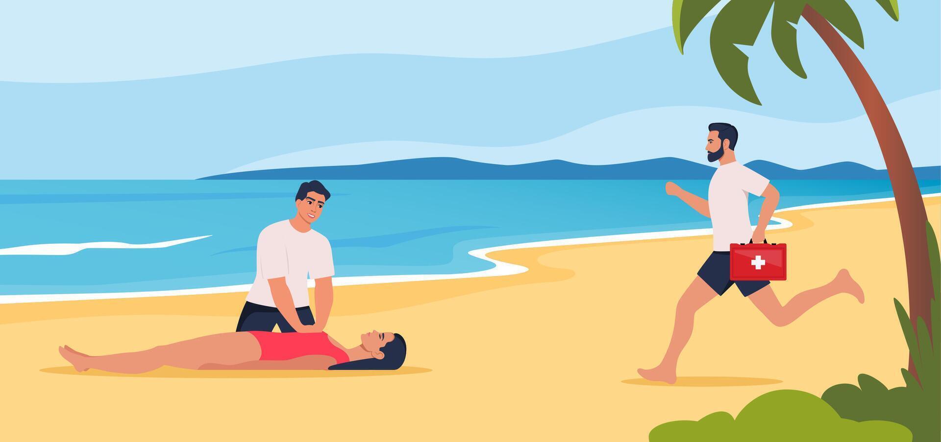 Beach lifeguard performs indirect heart massage to drowning woman rescued from the water. Emergency drowning assistance situation. Cardio Pulmonary Resuscitation. . vector