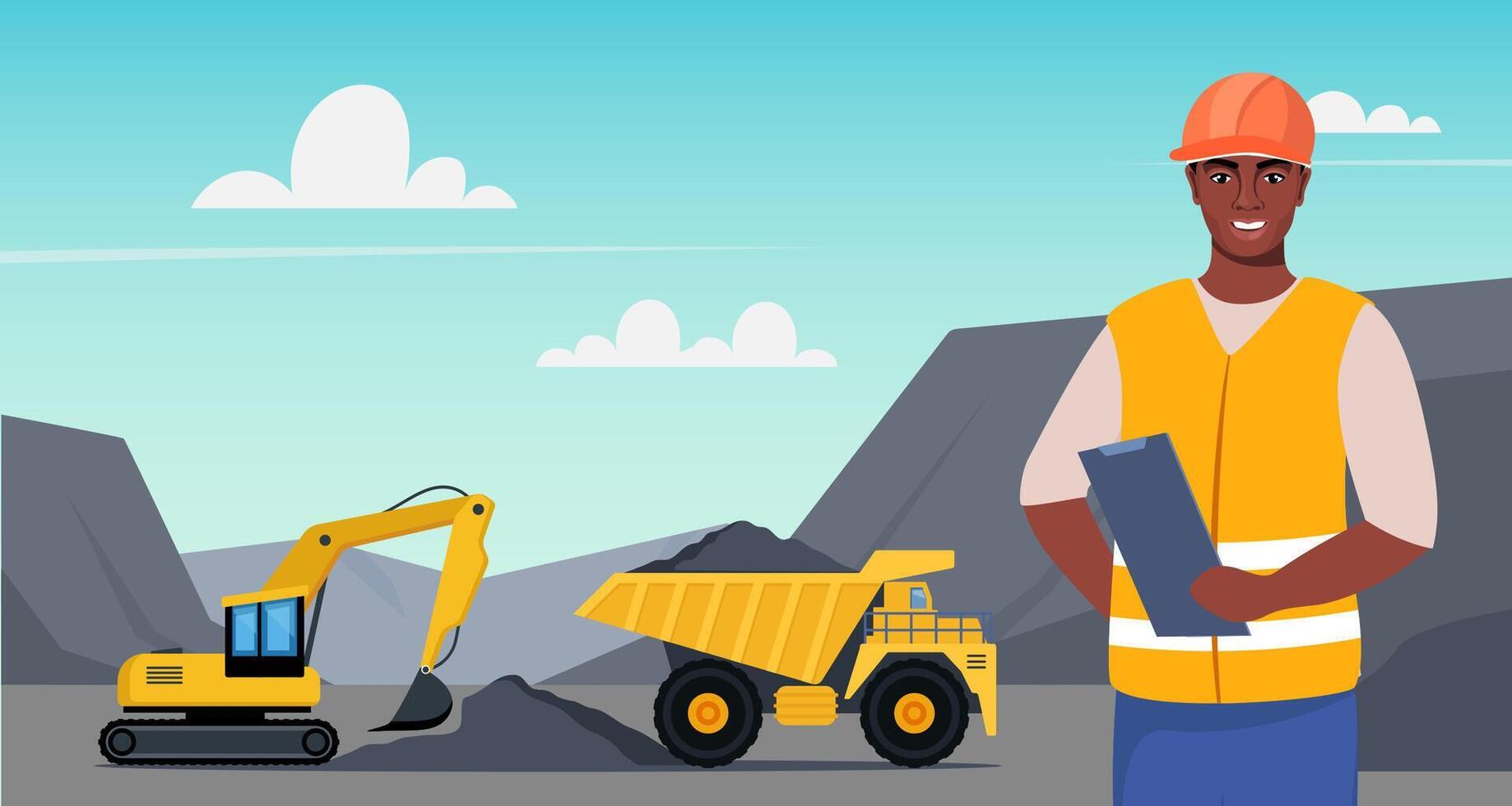 Excavator and dump truck working at coal mine. Open pit mine or quarry, extraction machinery. African American Man engineer in orange protective helmet on the foreground. illustration. vector