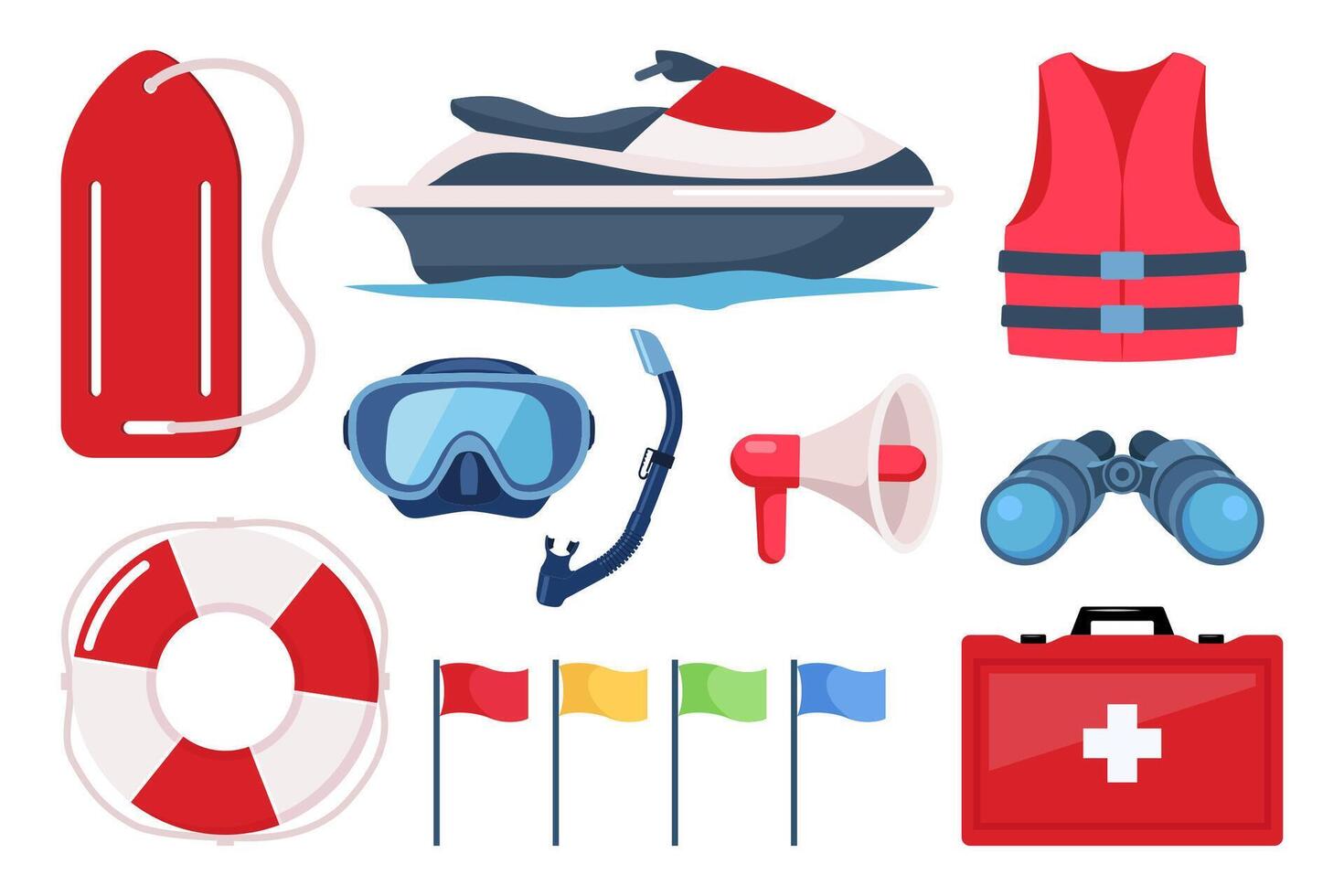 Beach lifeguards equipment set. Loudspeaker, sunglasses, lifebuoy, lifeguards tower, first aid kit, life rescue jacket, binoculars, whistle, stretcher. illustration. vector