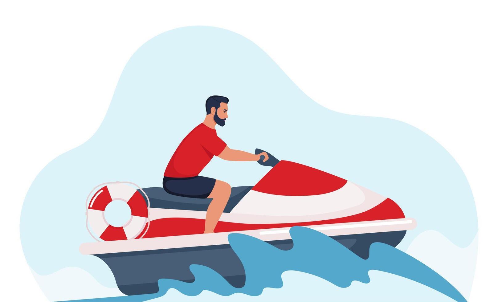 Beach lifeguard drives water scooter, looking for people to rescue. Rescuer patrols sea on jet ski. Personal watercraft to provide emergency aid, lifesaving. illustration. vector