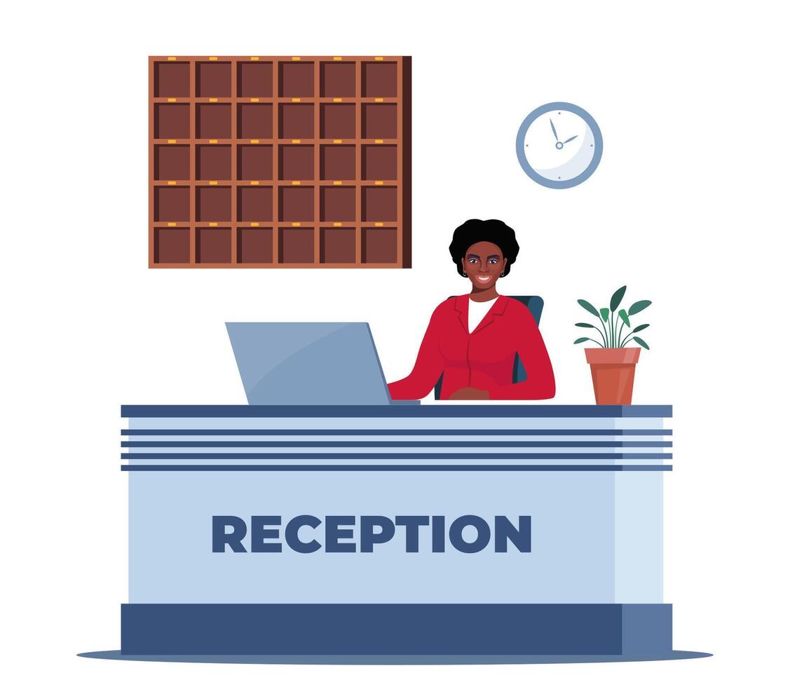 Hotel reception with computer and black woman receptionist, flower in pot, clocks on wall. Modern Inn foyer, hall or lobby. Tourism, business trip concept. illustration. vector
