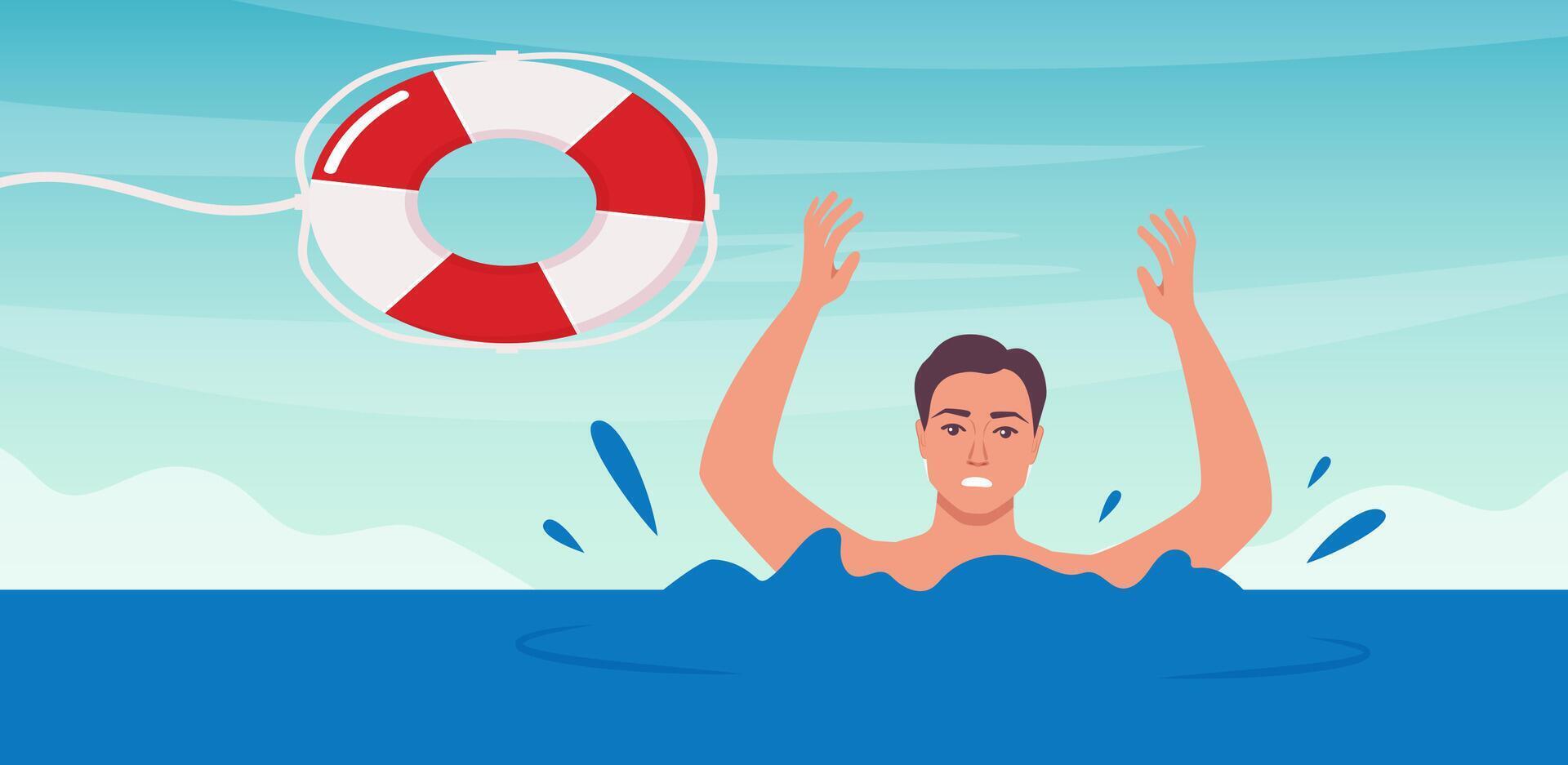 Drowning man sticking out of the water trying to catch lifebuoy. Safety and urgent help. Rescue on water. Giving lifebuoy to drowning man. illustration. vector