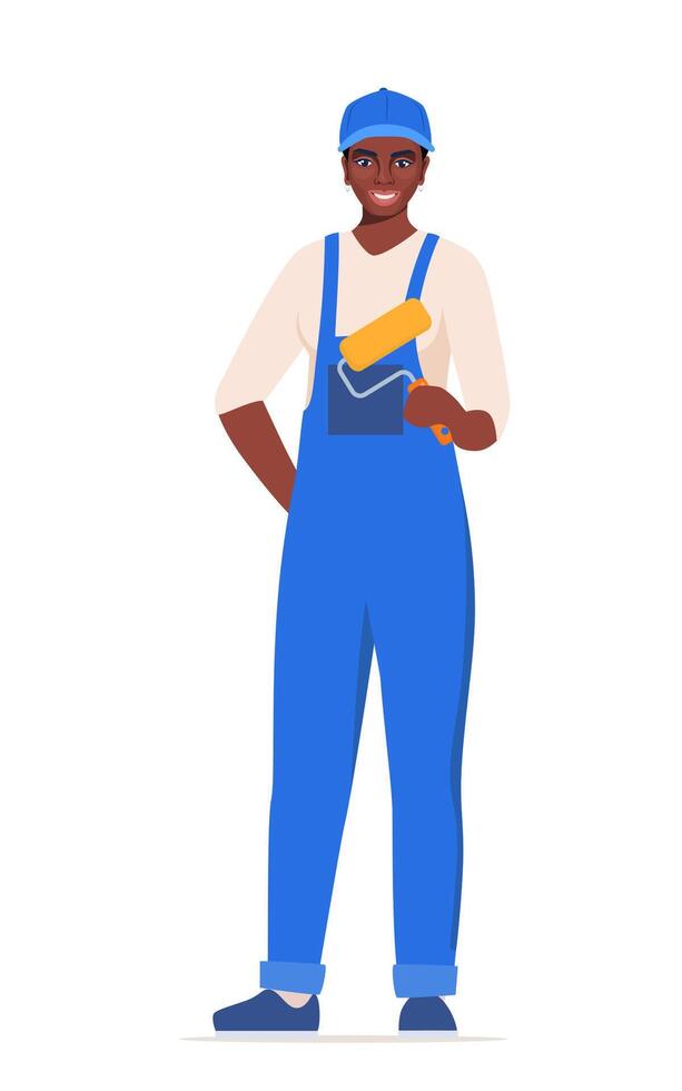 Girl painter. Black woman character in blue uniform. illustration. vector