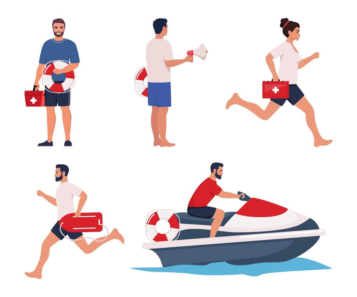Professional beach lifeguards, set of characters. Rescue workers with lifebuoy and red medical first aid kit box. Rescuer patrols sea on jet ski. Security staff, safety on water worker. . vector