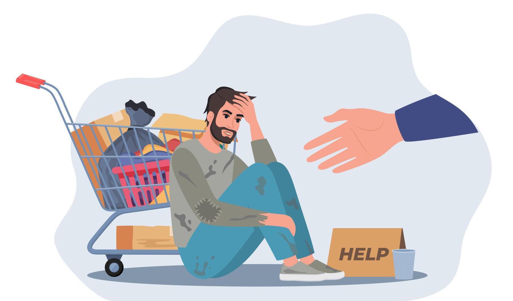 Hand reaching towards upset homeless man in ragged clothes sitting on ground. Person helping sad poor character. Poverty, support concept. illustration. vector