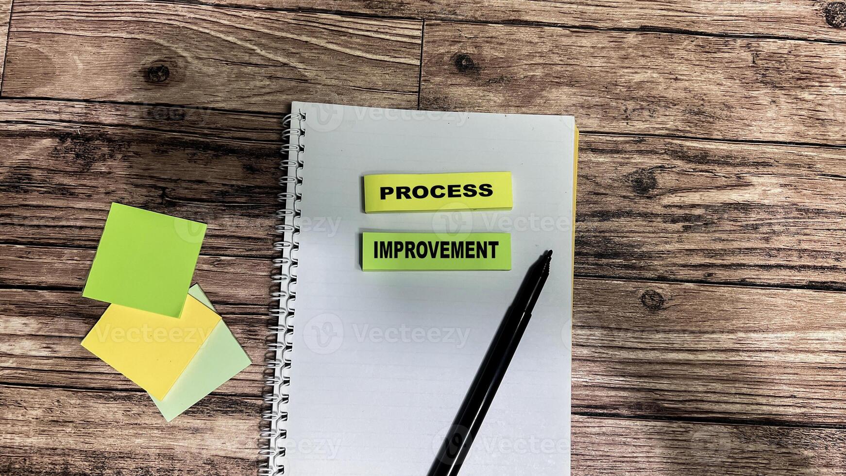 Concept of Process Improvement write on sticky notes isolated on Wooden Table. photo