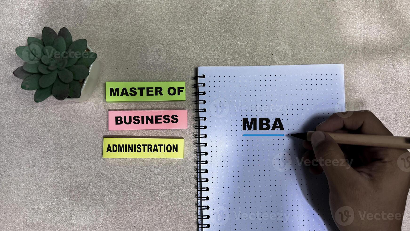 Concept of MBA - Master of Business Administration write on sticky notes isolated on Wooden Table. photo
