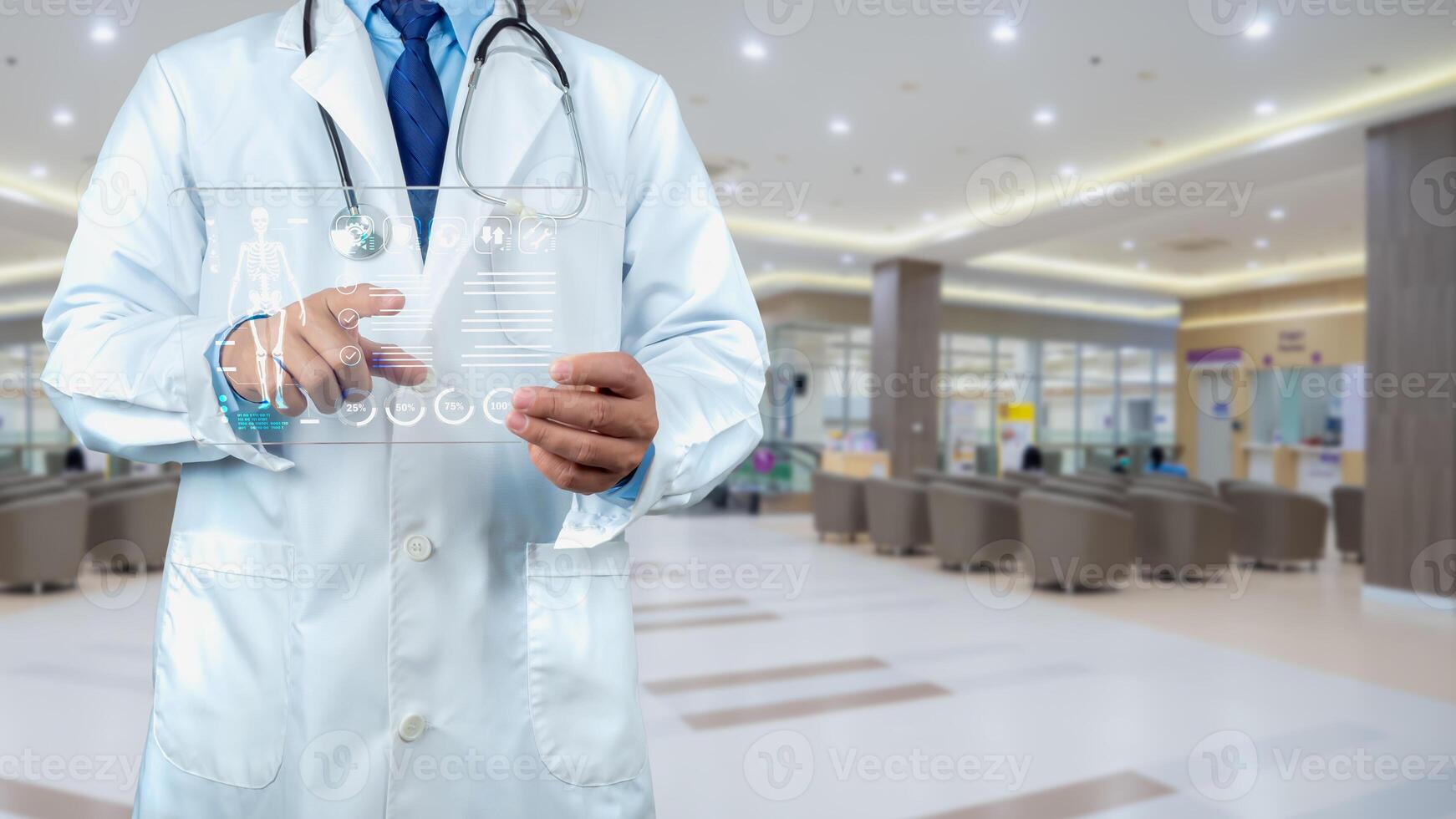 Medical technology concept, Doctor using finger touching screen for medical diagnostic analysis on modern virtual screen network connection, Body human anatomy on technological futuristic. photo