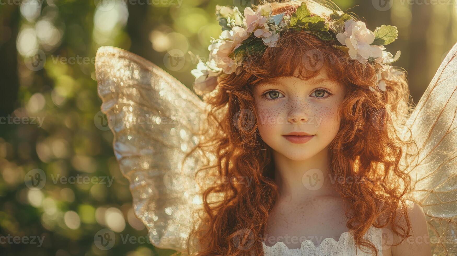 A young girl with red hair and a flowery headband is wearing a fairy costume photo