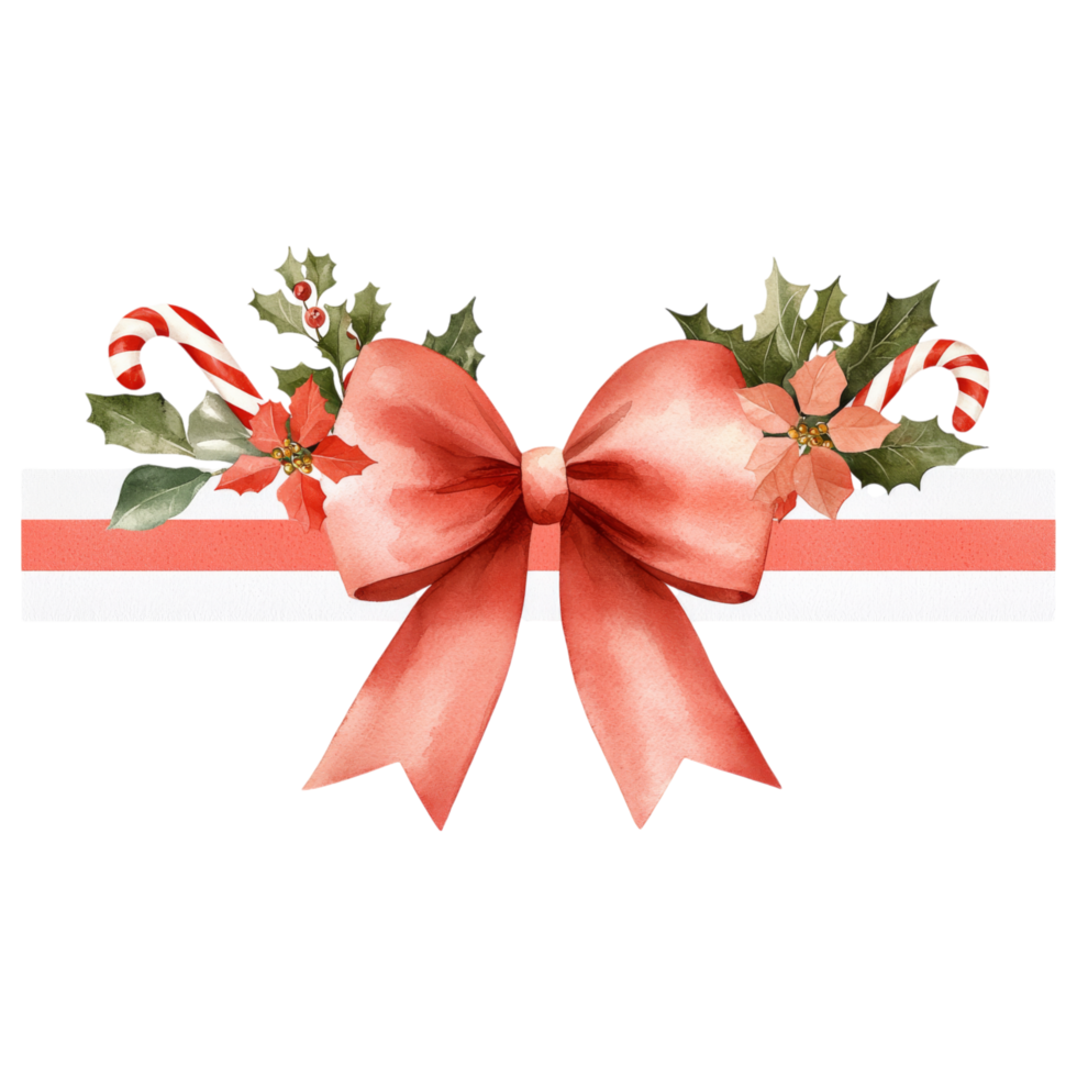 A red bow with holly leaves and candy canes png