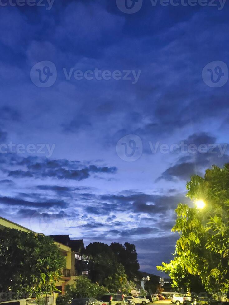 As dusk settles, trees stand against a dramatic sky filled with clouds. Streetlights glow softly while nearby homes add charm to the serene atmosphere. photo