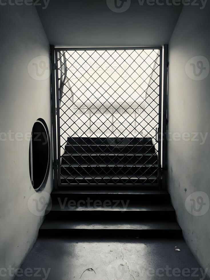 a perspective of little hallway to enter the building but closed by wired door, shoot in monochrome. photo