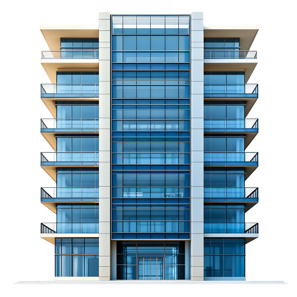 Tall Building with Blue Glass Windows Isolated on Transparent Background png