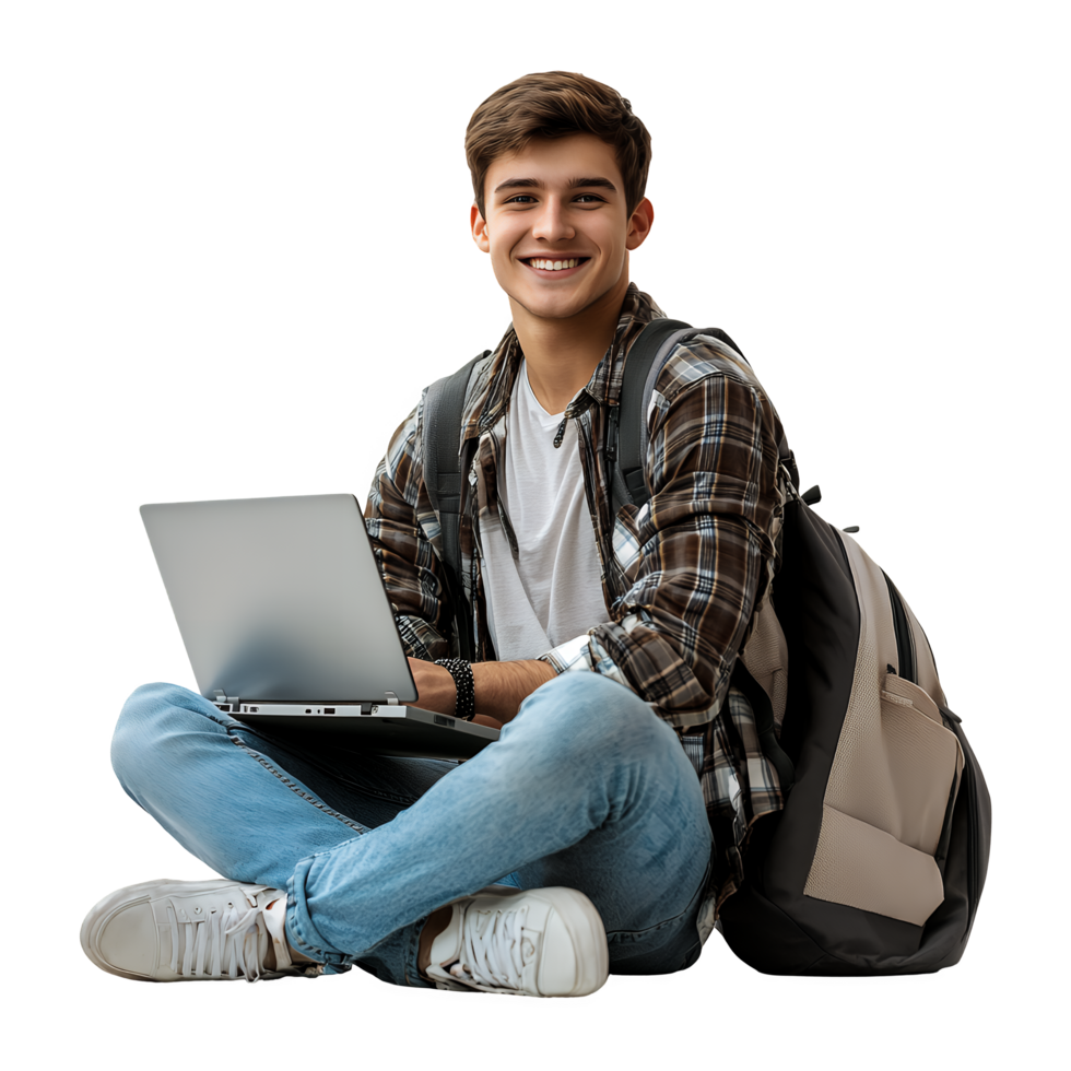 Smiling Man with Laptop on Floor Isolated on Transparent Background png