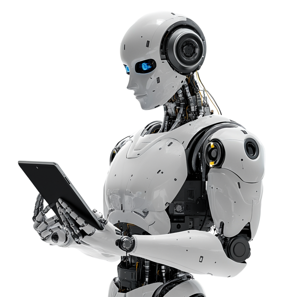 AI Robot Typing on iPad Isolated on Transparent Background png