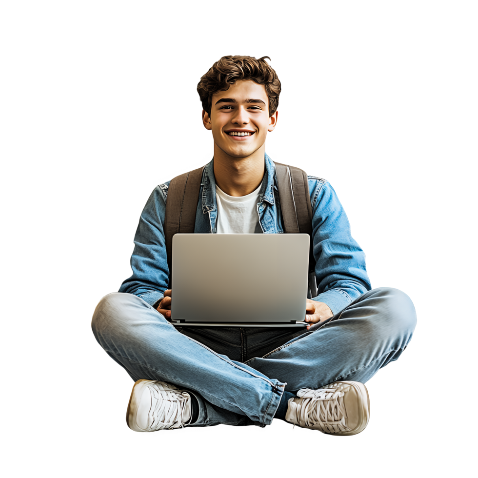 Happy Young Man Sitting with Laptop and Bag Isolated on Transparent Background png