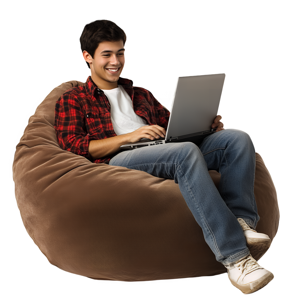 Happy Man Working on Laptop in Bean Bag Isolated on Transparent png