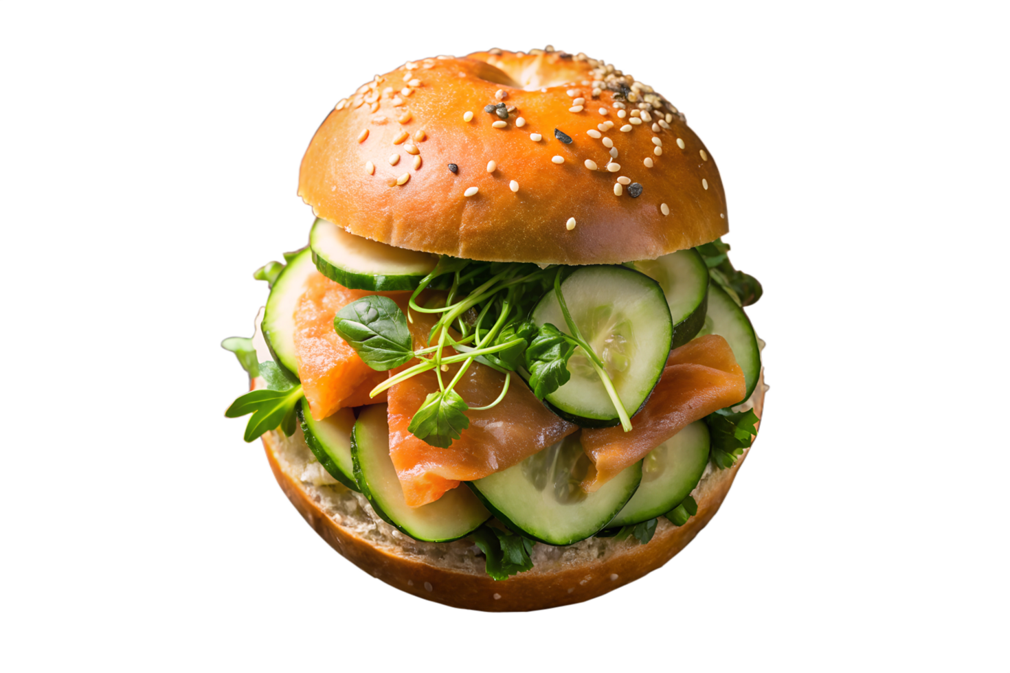 A sandwich with cucumber, salmon and cheese on a bun png