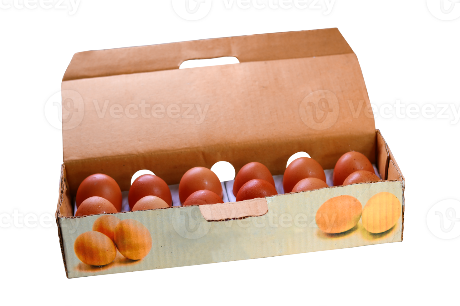 An open carton egg box containing 12 brown eggs is isolated on a transparent background, png