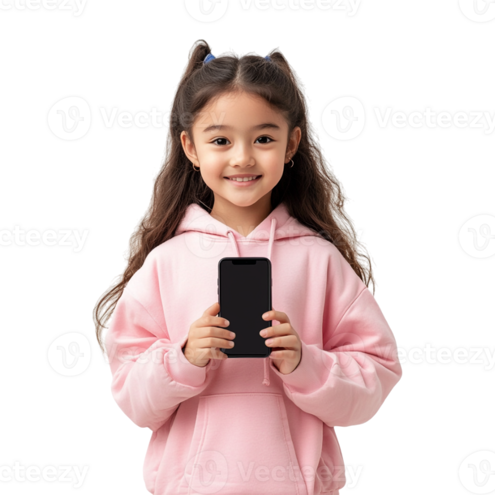 A girl in a pink hoodie holding a cell phone png