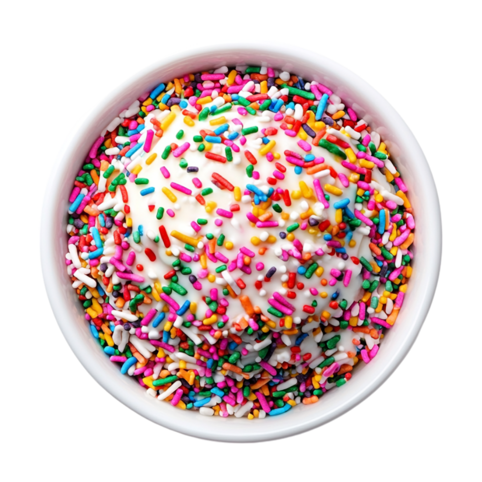 A bowl of white frosting with sprinkles png