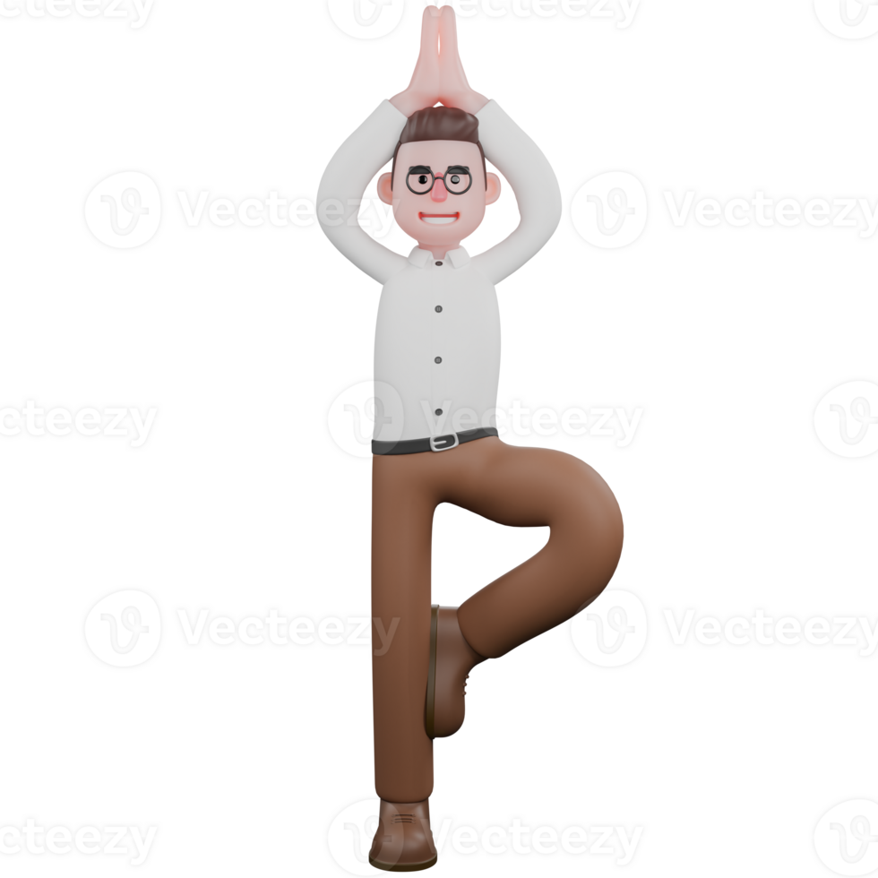 Illustrated of 3D Male Sociologist. A male sociologist does a yoga pose, specifically a tree pose with one leg raised and both hands together above his head. Professional Cartoon png