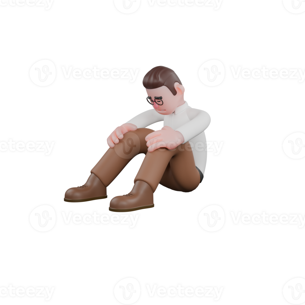 Professional Male in 3D - Sociologist. A male sociologist sits on the floor with both hands on his knees with his head bowed. Cartoon Illustrated png