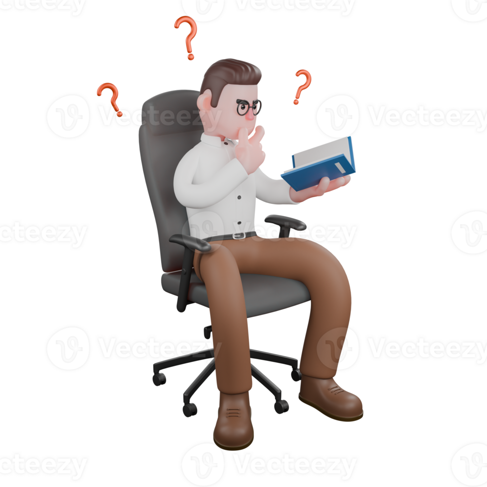 Social Stratification Expert in 3D. A male sociologist sits on a chair while holding a book in his left hand and his right hand holds his chin with a questioning expression. Cartoon Sociologist png