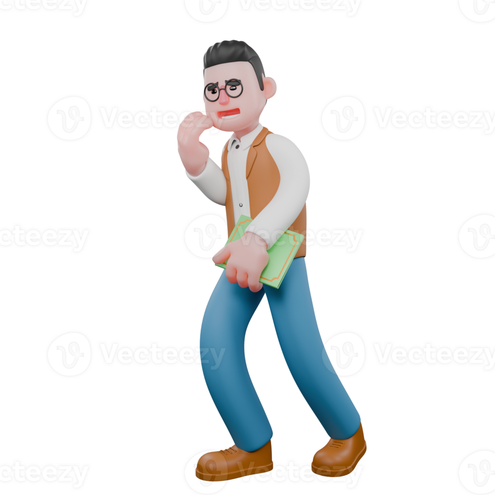 Male Anthropologist 3D Professional. A male anthropologist is walking while carrying a green-covered book with his hands as if he is going to whisper something. Cultural Cartoon png