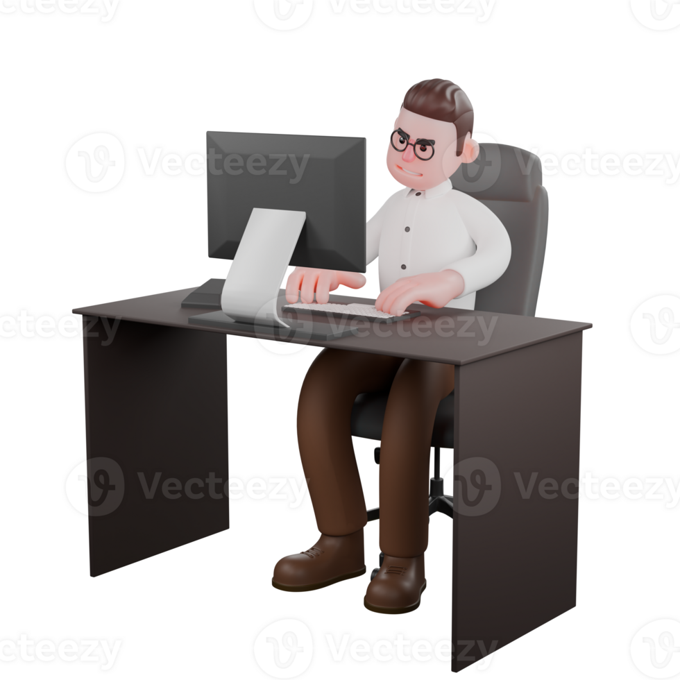 3D Cartoon Sociologist Character. A male sociologist sits at a desk with both hands operating a computer. Social Research Model png