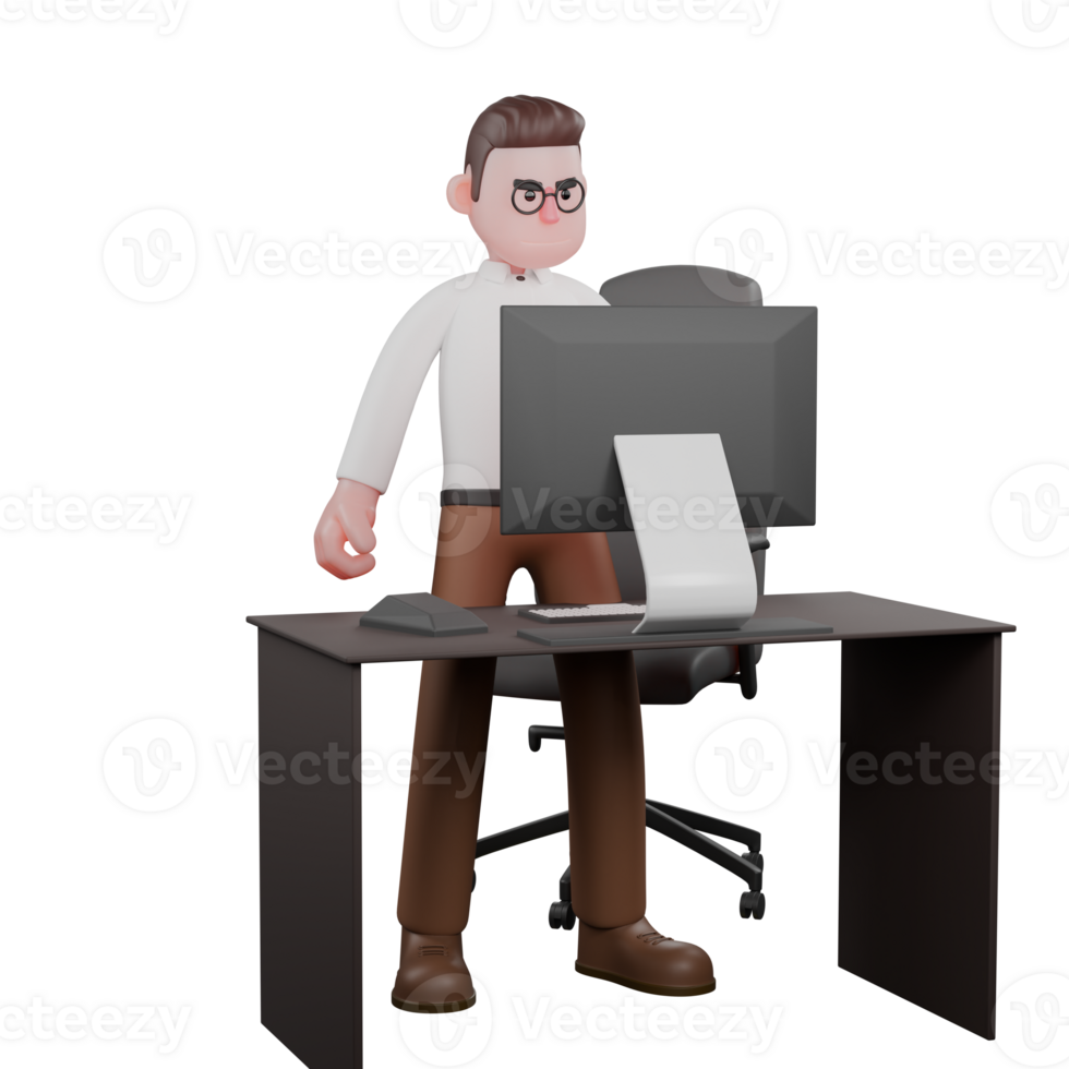 3D Male Sociologist in Professional Role. A male sociologist stands behind his desk with an angry expression. Societal Cartoon png