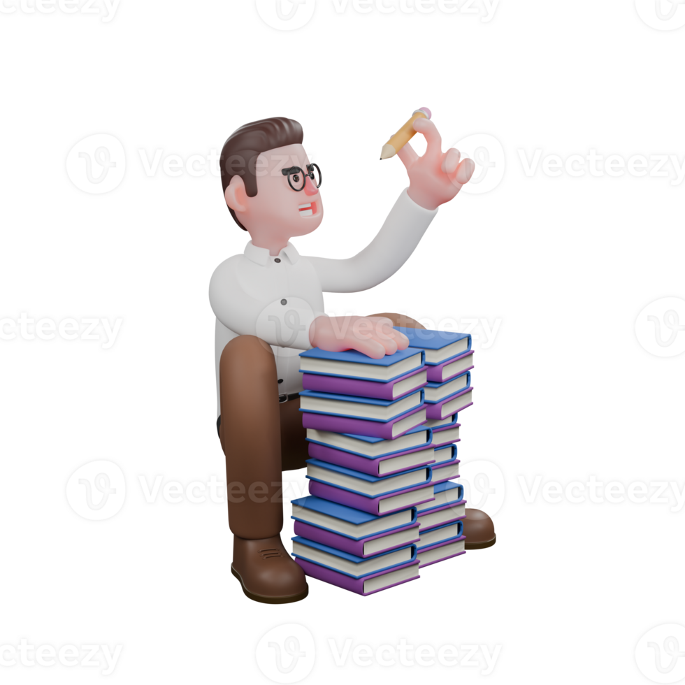 Professional Male Sociologist . A male sociologist sits behind a pile of books while holding a pencil in his left hand and his right hand is on top of the pile of books. 3D Social System Illustrated png
