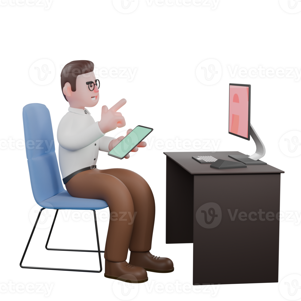 Male Professional Sociologist - 3D Character. A male sociologist sits at a desk holding a tablet in his left hand and pointing forward with his right hand. Societal png