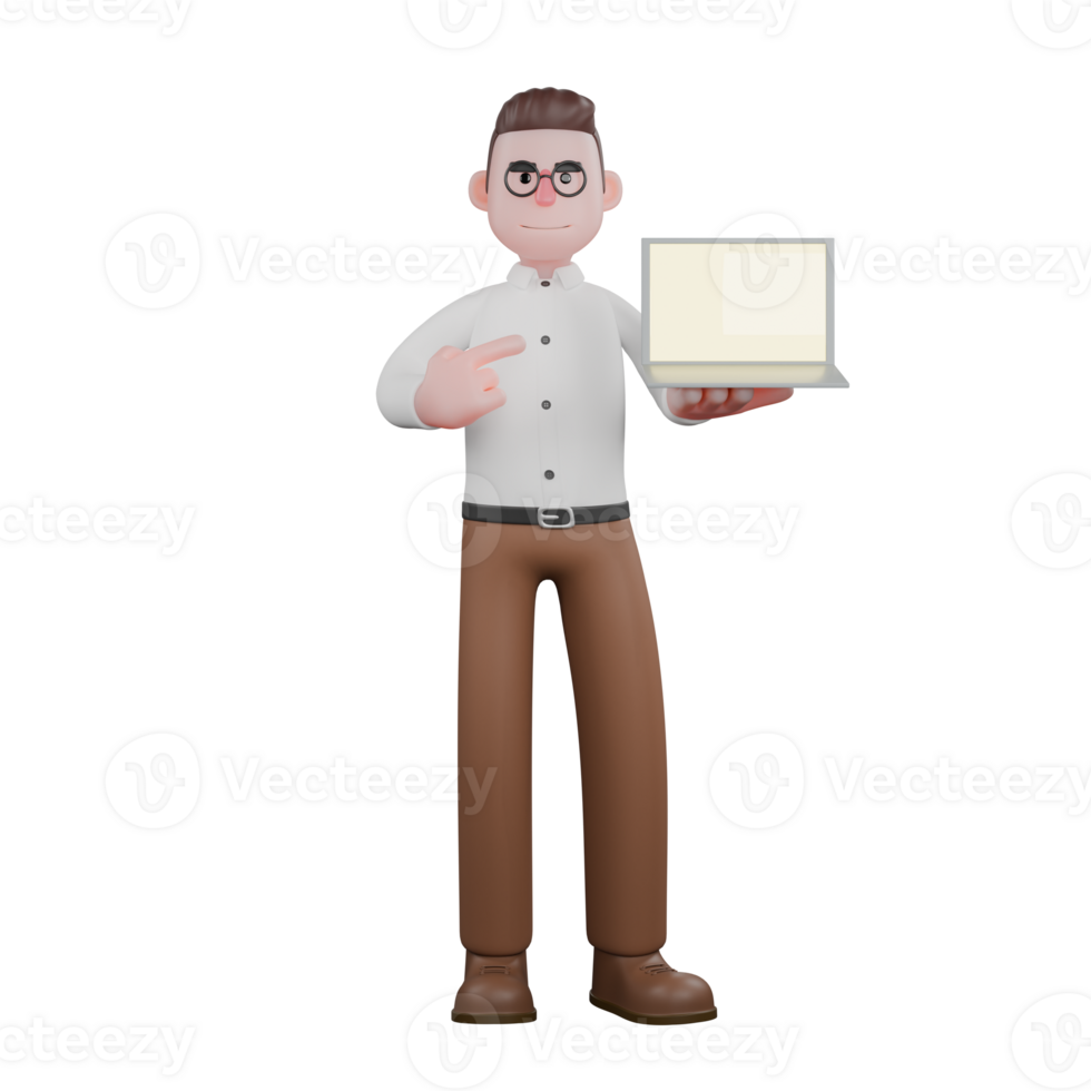 Male Sociologist in Social Survey. A male sociologist stands holding a laptop in his right hand and points to the laptop with his left hand. 3D Community Study Scene png