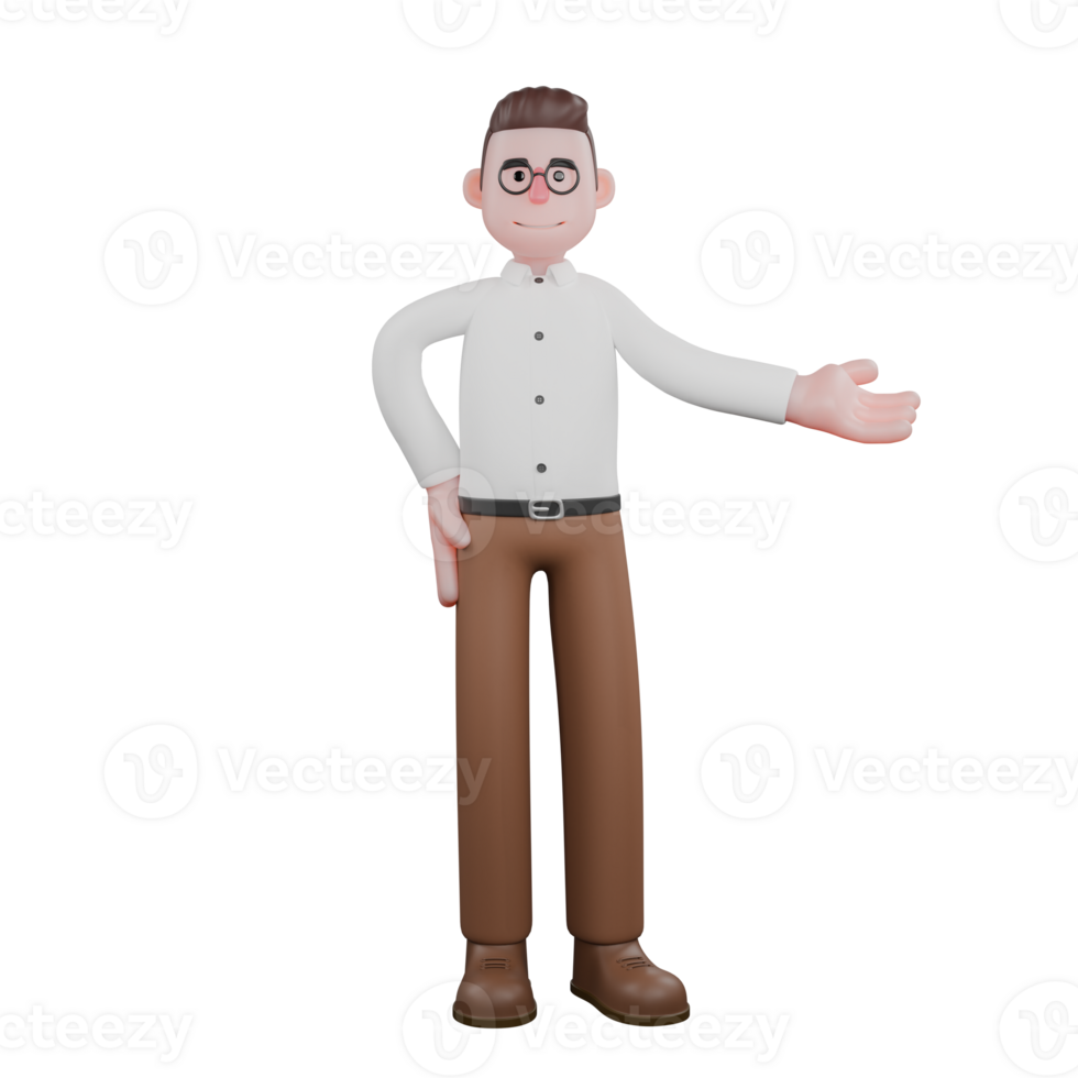 3D Professional Sociologist Character. A male sociologist stands with his right hand extended to the side with his palm facing up. Male Political Sociologist png