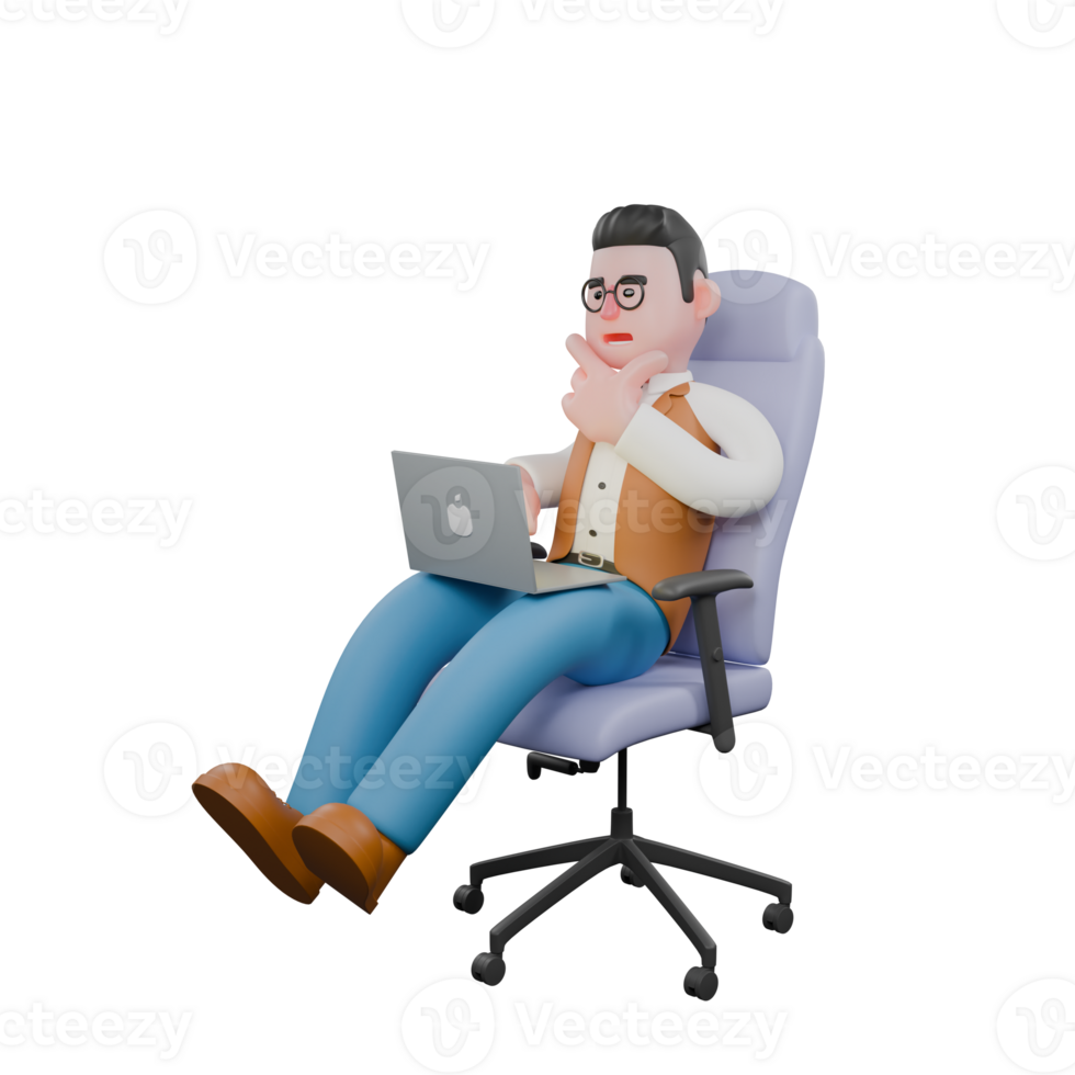 Professional Male in 3D - Anthropologist. A male anthropologist is sitting while operating a laptop. Cartoon Illustrated png