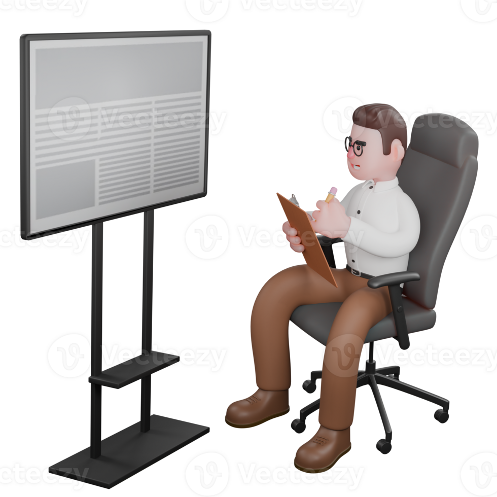 3D Social Expert Sociologist. A male sociologist sits in front of a presentation board holding a clipboard and a pencil in both hands Cartoon Male SociologyGuru png