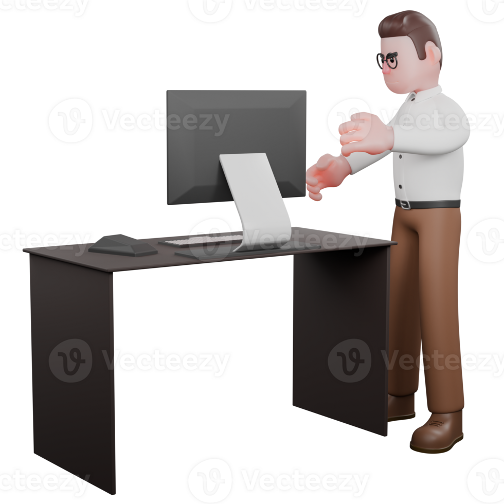 Societal Male Sociologist. A male sociologist stands beside a work desk with both hands outstretched forward. 3D Professional Character png