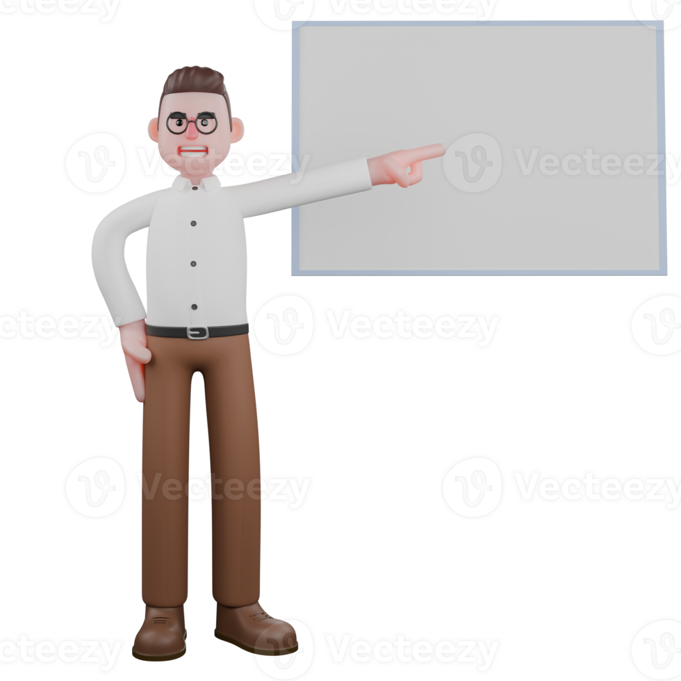 Illustrative 3D Male Sociologist. A male sociologist stands next to a board with his right hand pointing at the board. Professional png