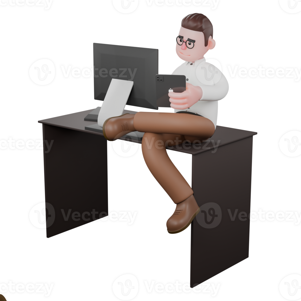 Sociologist Male Professional. A male sociologist sits on his desk with his left hand holding a tablet. 3D Societal Illustrated png