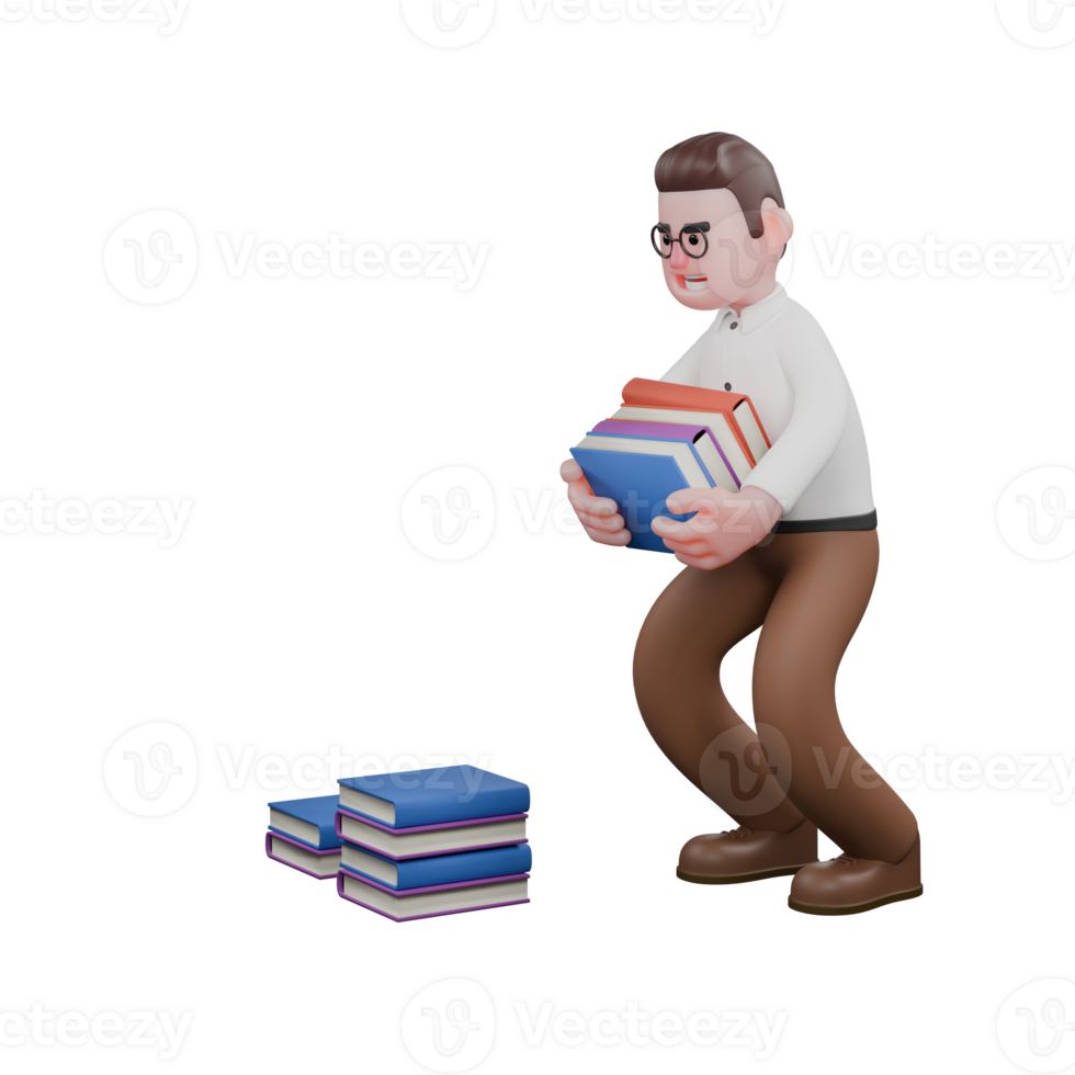 3D Male Sociologist Character. A male sociologist is bending over behind a pile of books while hugging 4 books with both hands. Social Planning Professional png