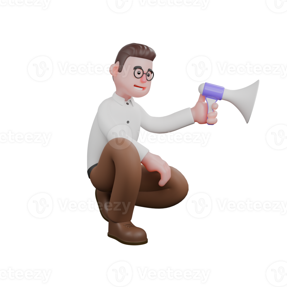 3D Male Sociologist Character in Action. A male sociologist crouches while holding a loudspeaker in his left hand. Professional png